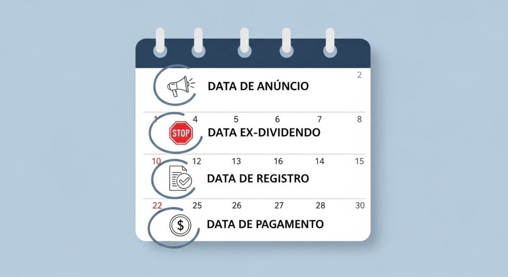 Infográfico explicando o calendário de pagamento de dividendos, incluindo data de anúncio, data ex, data de registro e data de pagamento.