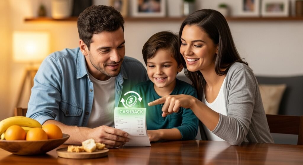 Uma família feliz revisando uma nota fiscal, simbolizando o benefício do cashback da reforma tributária.