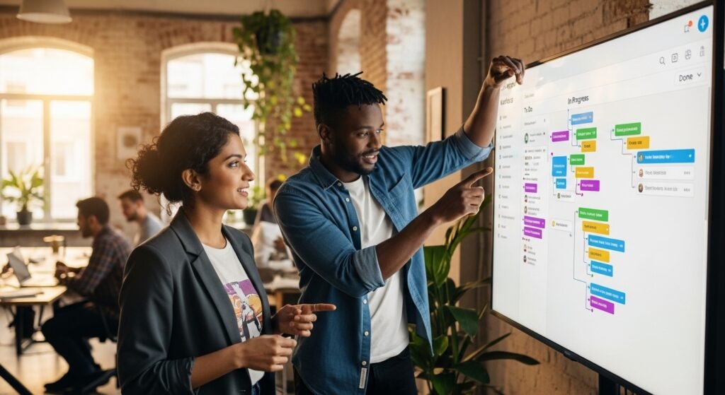Dois empreendedores colaborando e usando ferramentas de gestão de projetos para organizar tarefas e aumentar a produtividade.