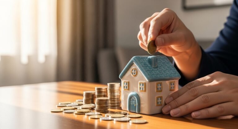 Mãos colocando uma moeda em um cofre, simbolizando o aprendizado de como nunca mais ter dívidas através da educação financeira.