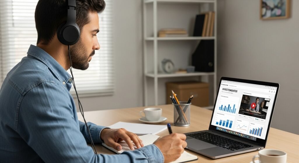 Homem focado fazendo um curso online em seu notebook para aprender sobre investimentos de forma segura.