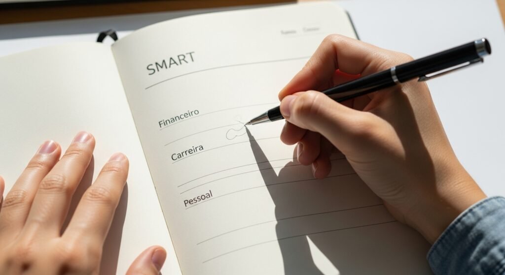 Mãos escrevendo metas SMART em um caderno como parte do planejamento anual.