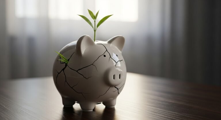 Uma imagem mostrando uma planta brotando de um cofrinho quebrado, simbolizando a solução para a dívida com cheque especial.