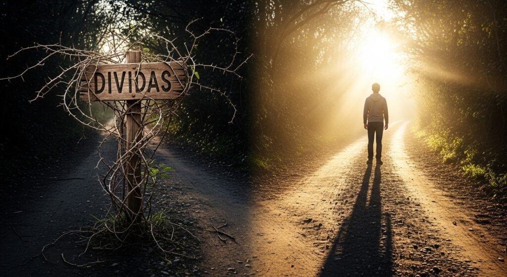 Pessoa escolhendo um caminho iluminado em vez de um caminho escuro de dívidas, ilustrando a decisão de aprender como nunca mais ter dívidas.