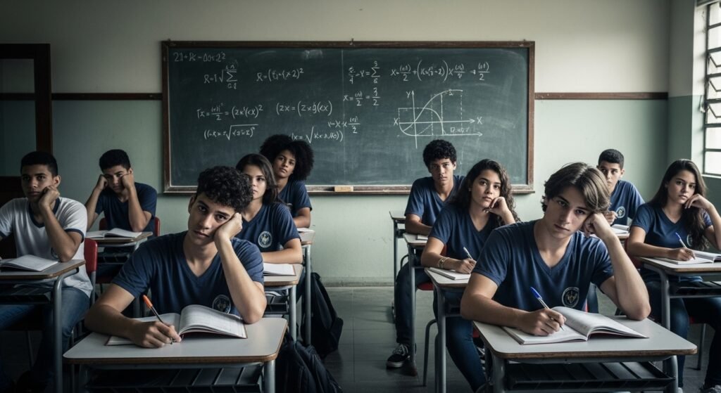 Estudantes em uma sala de aula com expressões confusas, representando a lacuna da educação financeira no Brasil, uma causa da dificuldade com dinheiro.