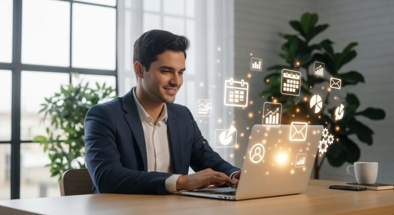 Um empreendedor organizado em sua mesa de trabalho, cercado por ícones de ferramentas para empreendedores que otimizam seu negócio.