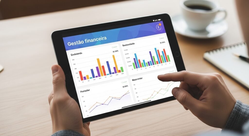 Mãos de um empreendedor analisando um dashboard de finanças em um tablet, uma das principais ferramentas para empreendedores.