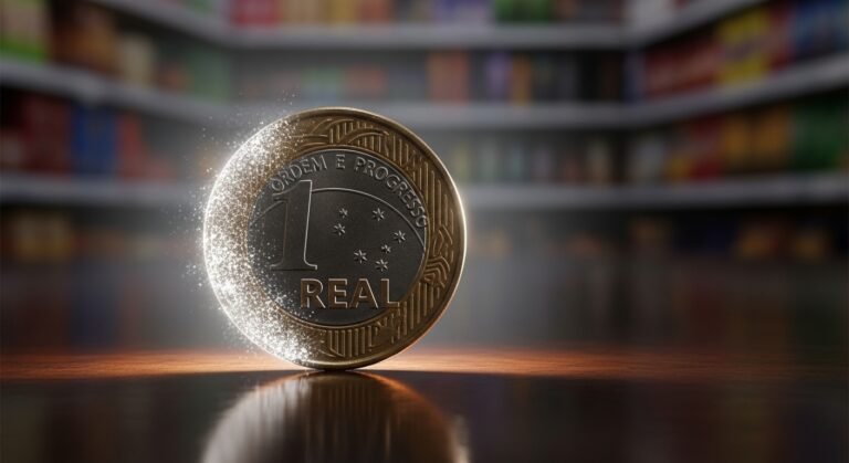 Uma moeda de real se desfazendo, simbolizando como a inflação impacta seu bolso.