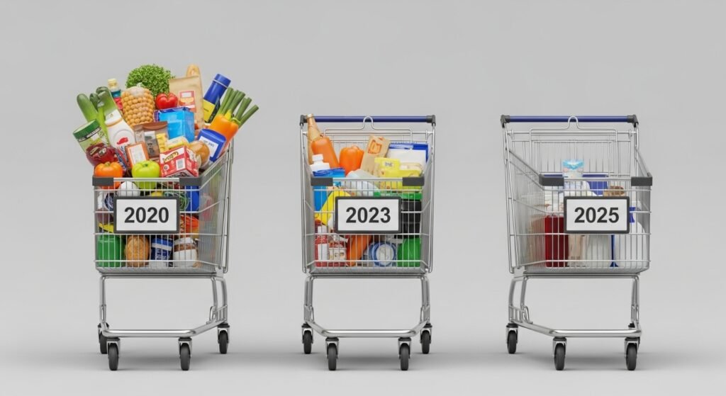 Três carrinhos de compra de anos diferentes mostrando como a inflação impacta seu bolso e diminui o poder de compra.