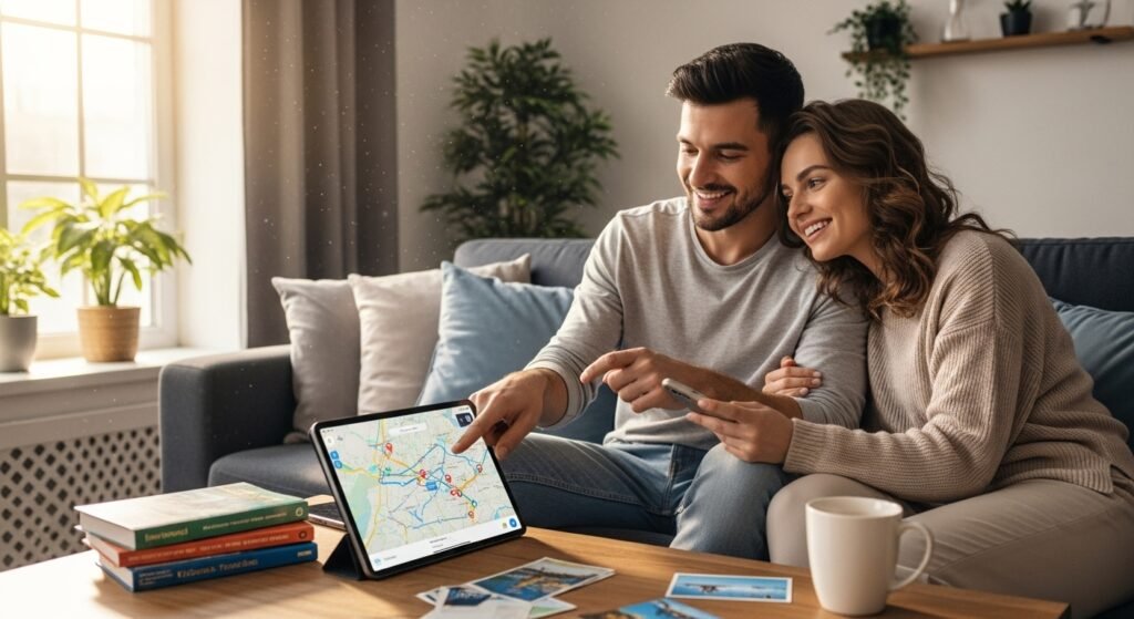 Um casal feliz planejando uma viagem, exemplo de como o bem-estar financeiro impacta positivamente o dinheiro e a saúde mental.