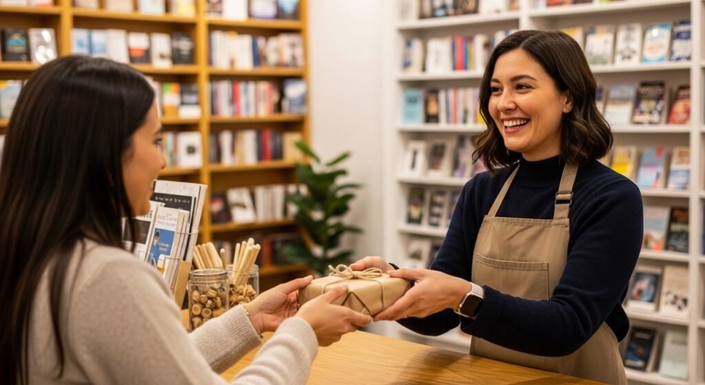 Dono de uma loja física entregando um produto a uma cliente feliz, destacando a importância da experiência do cliente.