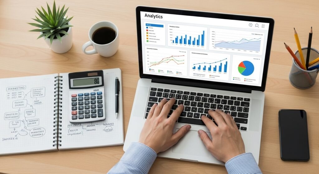 Uma pessoa analisando gráficos de crescimento em um laptop, representando o uso de marketing digital para atrair seus primeiros clientes.