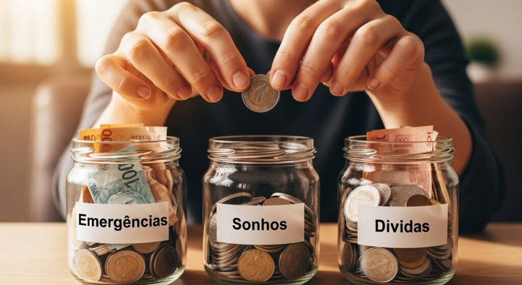 Mãos organizando dinheiro em potes, uma estratégia prática para melhorar o bem-estar e a relação com o dinheiro e saúde mental.