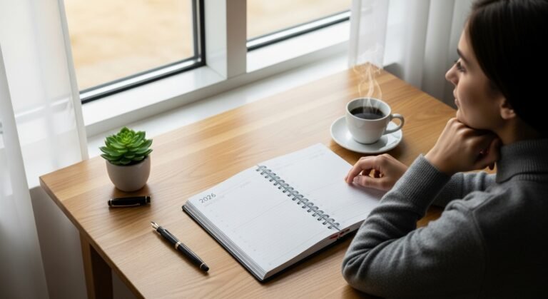 Uma pessoa fazendo seu planejamento anual em uma mesa organizada, simbolizando um novo começo.