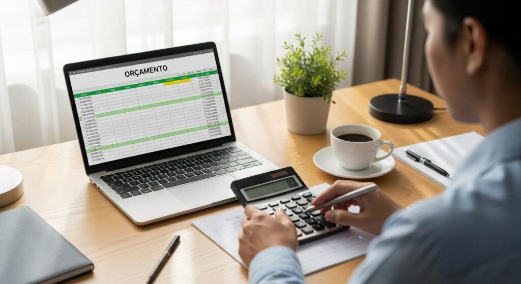 Pessoa em uma mesa organizada usando calculadora e planilha, demonstrando controle para sair da dívida com cheque especial.