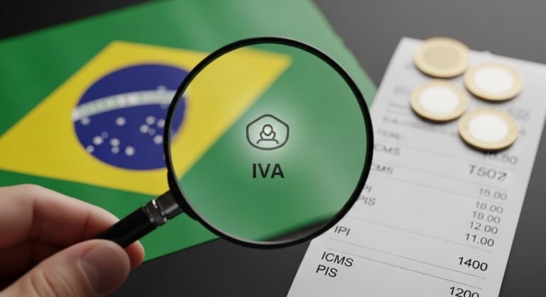 Uma lupa mostrando o novo imposto IVA em uma nota fiscal, ilustrando o impacto da reforma tributária no Brasil.