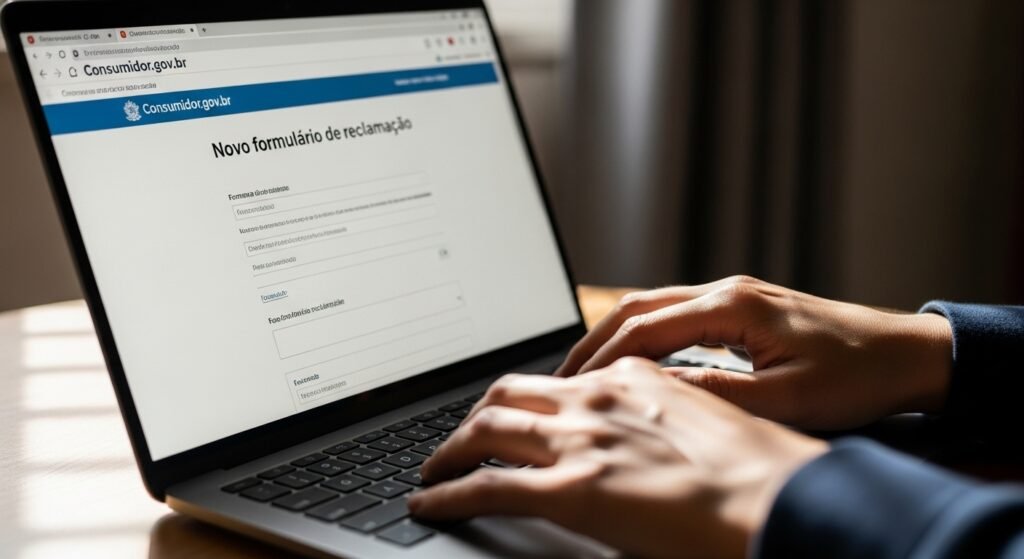 Pessoa registrando uma reclamação formal contra cobranças abusivas no site Consumidor.gov.br.