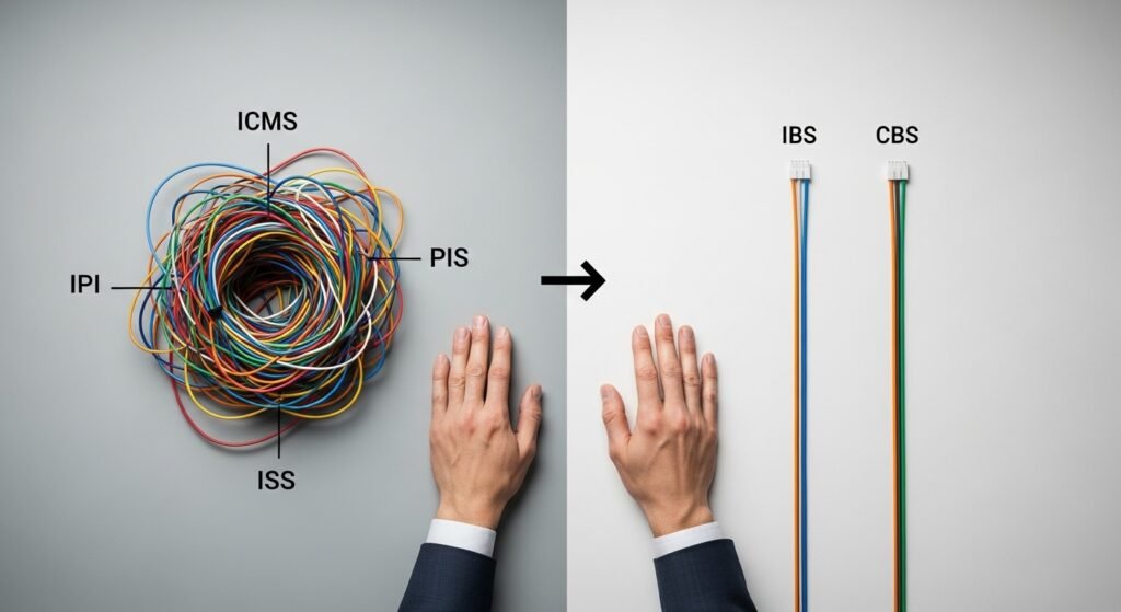 Uma imagem conceitual mostrando a simplificação do sistema tributário brasileiro com a reforma tributária.