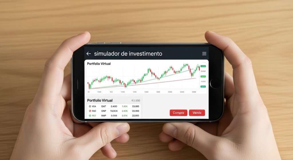 Pessoa utilizando um aplicativo de simulador em seu celular para aprender sobre investimentos de forma prática e segura.