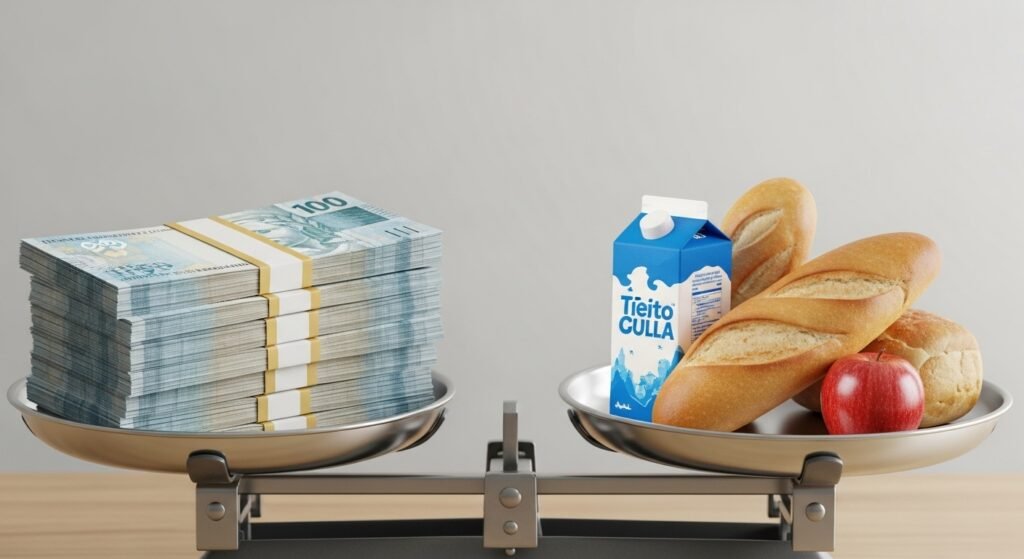 Balança comparando o valor nominal do dinheiro com o baixo poder de compra real, efeito da inflação.
